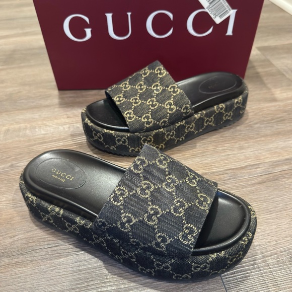 Gucci Shoes - Gucci GG Monogram Canvas Denim Platform Slide Sandals